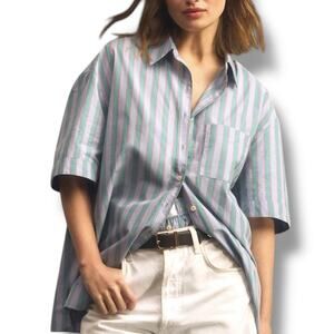 By Anthropologie Size XS S Striped Short-Sleeve Cotton Button Shirt